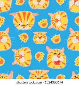 seamless pattern set of different element cat head funny and cute emotion and footprint. vector illustration eps10