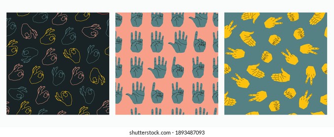 Seamless pattern set of different hand gestures and signals. Cute hand drawn vector flat cartoon style illustration. 