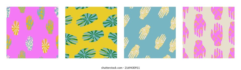 Seamless pattern set with different hands in retro style. Groovy, bright texture prints for branding, stationery, greeting card, photo frames and other beautiful things. Isolated vector illustration