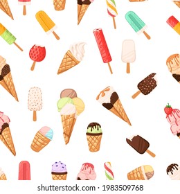 Seamless pattern set of different ice cream cone and bars ice creams with different flavors chocolate vanilla and fruits vector illustration on white background