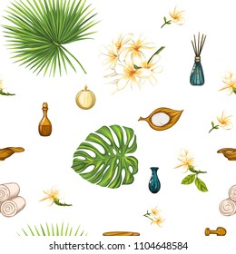 Seamless pattern with a set of different items, needs for SPA  or Thai massage with tropical plants and flowers. Colorful stock vector illustration. Colored and outline design.