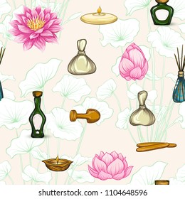 Seamless pattern with a set of different items, needs for SPA  or Thai massage with tropical plants and flowers. Colorful stock vector illustration. Colored and outline design.