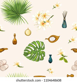 Seamless pattern with a set of different items, needs for SPA  or Thai massage with tropical plants and flowers. Colorful stock vector illustration. Colored and outline design.