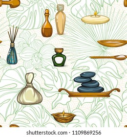 Seamless pattern with a set of different items, needs for SPA  or Thai massage with tropical plants and flowers. Colorful stock vector illustration. Colored and outline design.