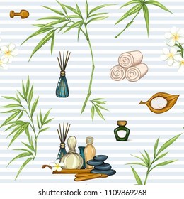 Seamless pattern with a set of different items, needs for SPA  or Thai massage with tropical plants and flowers. Colorful stock vector illustration. Colored and outline design.