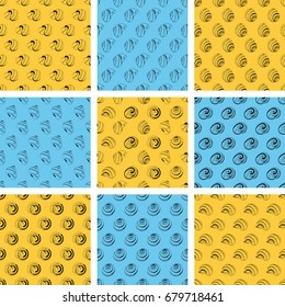 Seamless pattern set with different kind of outline hand drawn decorative sea shells 