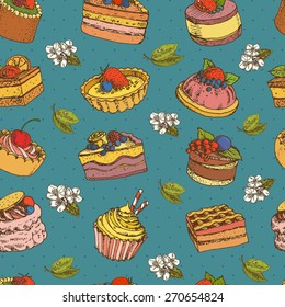 seamless pattern set of different kinds of pastries, cakes and desserts with cream, berries and fruit. hand drawn vector illustration