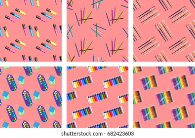 Seamless pattern set with with different painting art accessory, drawing  tools. Stationery and artist  items. Flat creative paint equipment. Art supplies. Top view.