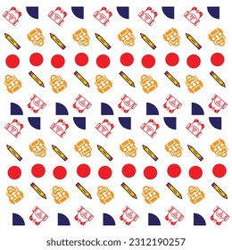 Seamless pattern with set of different school things in color
