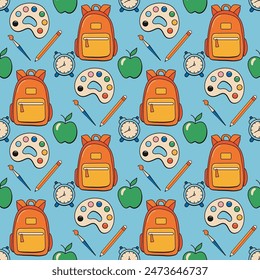 Seamless pattern with set of different school things in color. Retro style