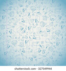Seamless pattern with set of different school things.Doodle seamless background with school icons.