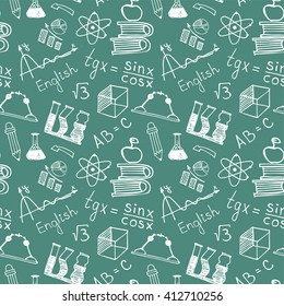 Seamless pattern with set of different school objects