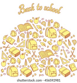 Seamless pattern with set of different school things vector bag apple