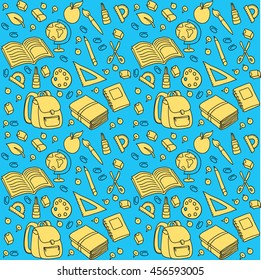 Seamless pattern with set of different school things vector bag apple
