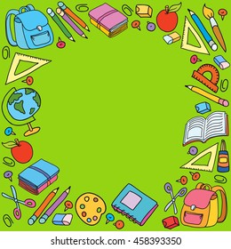 Seamless pattern with set of different school things vector bag apple