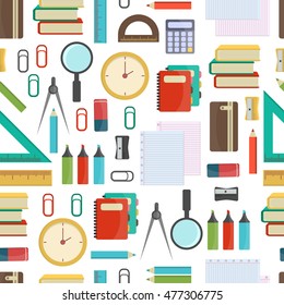 Seamless pattern with set of different school supplies.