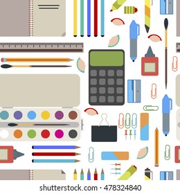 Seamless pattern with set of different school supplies vector.