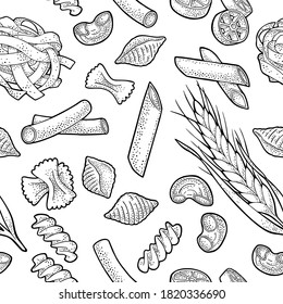 Seamless pattern set with different types of pasta. Farfalle, conchiglie, maccheroni, fusilli, penne, pipe rigate, spaghetti, ruote, fettuccine. Vector vintage engraving illustration isolated on white