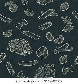 Seamless pattern set with different types of pasta. Farfalle, conchiglie, maccheroni, fusilli, penne, pipe rigate, spaghetti, ruote, fettuccine. Vector beige vintage engraving isolated on black