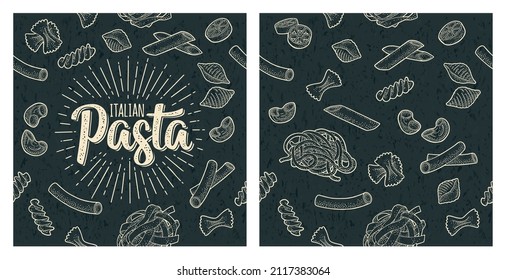 Seamless pattern set with different types of pasta. ITALIAN Pasta handwriting lettering. Vector beige vintage engraving isolated on black. Farfalle, maccheroni, fusilli, penne, spaghetti, ruote