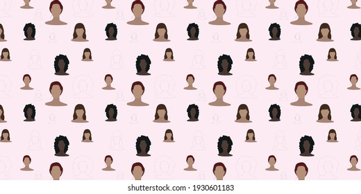 Seamless pattern. set of different women faces. Brown, blonde, black and red hair. White and black skin. Pink background