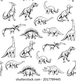 Seamless pattern. Set of dinosaurs isolated on white background,vector sketch illustration. Vintage style