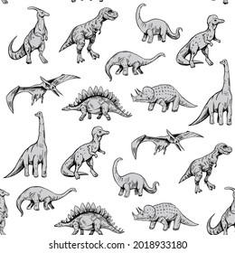 Seamless pattern. Set of dinosaurs isolated on white background,vector sketch illustration. Vintage style