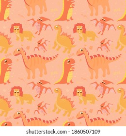 Seamless pattern with set of dinosaurs on lighr background with hand drawn elements, cute dino and lettering, print illustration for wallpaper or textile