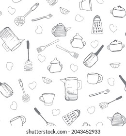 Seamless pattern. A set of dishes - sugar bowl, teapot, hodgepodge, forks, grater, decanter, cup, ladle. Freehand drawings, doodles.