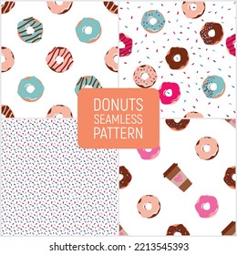 Seamless pattern set with donuts and sprikles, and coffee. Cartoon cute style. Vector illustration.