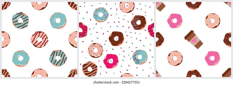 Seamless pattern set with donuts and sprinkles, and coffee. Cartoon cute style. Vector illustration.