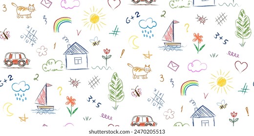 Seamless pattern of a set of doodle items drawn by a child. House, sun, rainbow, plants, car, sailboat, numbers. Simple drawings made with colored pencils and crayons.