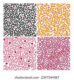Seamless pattern set doodle shapes with hearts and confetti. Abstract bold funky drawing elements in trendy pop art style. Pattern Background