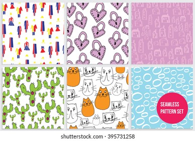 seamless pattern set doodle style cactus cats circles men locks