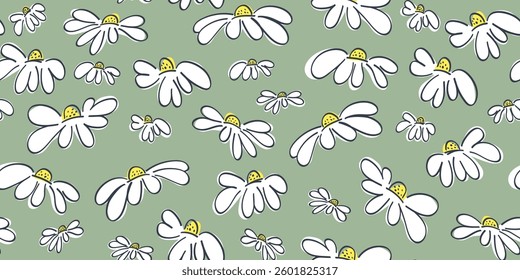Seamless pattern from set of doodle white daisies. Flower icons are hand drawn with black outline. vector illustration on gray-green background
