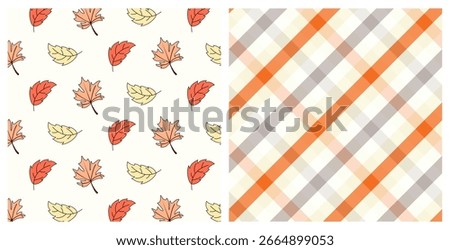 Seamless pattern set of doodles of Autumn leaves and plaid texture. Hand drawn background for Autumn harvest holiday, Thanksgiving, Halloween, seasonal, textile, scrap booking.