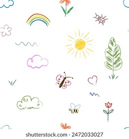 Seamless pattern of a set of doodles drawn by a child. Sun, rainbow, clouds, tree, butterfly, bee, beetle. Simple drawings made with colored pencils and crayons on a white background.