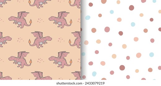 Conjunto de patrones sin fisuras con dragón y puntos. Ilustración vectorial. Para papel pintado, envoltura, textil, tela, estampados de diseño