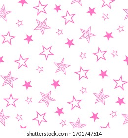 Seamless pattern with set drawn stars. Vector Wallpaper pink stars on a white background.