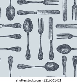 Seamless pattern of set drawn vintage cutlery