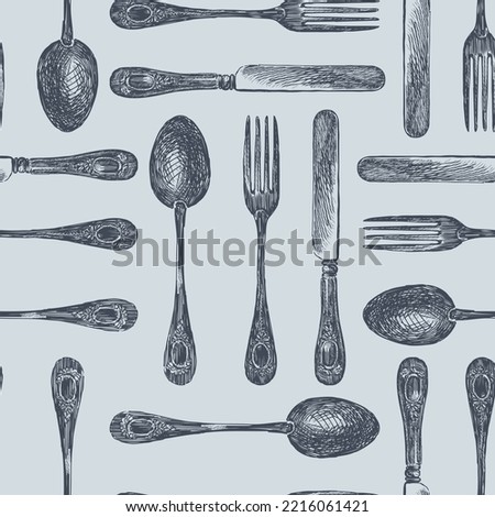 Seamless pattern of set drawn vintage cutlery