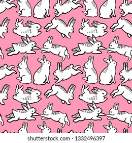 Seamless pattern. Set of Easter bunnies. Cute little bunny. Isolated on a pink background. Hand drawn illustration. Happy easter!