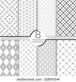 Seamless pattern. Set of eight abstract textured backgrounds. Modern stylish textures. Regularly repeating geometrical ornaments with different shapes. Vector element of graphical design