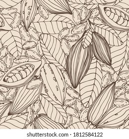 seamless pattern of a set of elements of cocoa tree, seeds, leaves, fruit, for ornament, menu decoration, color vector illustration with Sepia contour lines on a milky background in a hand drawn style