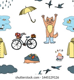 Seamless pattern from set of elements with red cat in rubber boots, hedgehog, puddle, rain cloud, umbrella, coat, bicycle with pumpkin and chrysanthemum, books and bird migration flock. Colorful hand