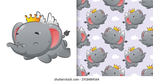 The seamless pattern set of the elephant flying with the little wings of illustration