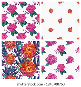 Seamless pattern set of embroidery flowers. Patch floral elements, decorative backgrounds. Digital watercolor technique. 
