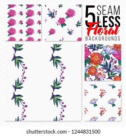 Seamless pattern set of embroidery flowers. Patch floral elements, decorative backgrounds. Digital watercolor technique. 
