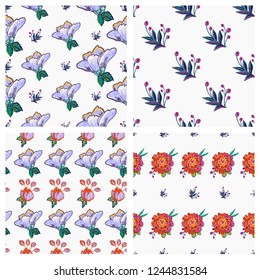 Seamless pattern set of embroidery flowers. Patch floral elements, decorative backgrounds. Digital watercolor technique. 
