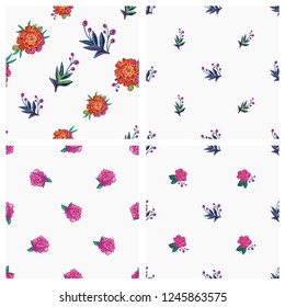 Seamless pattern set of embroidery flowers. Patch floral elements, decorative backgrounds. Digital watercolor technique. 
